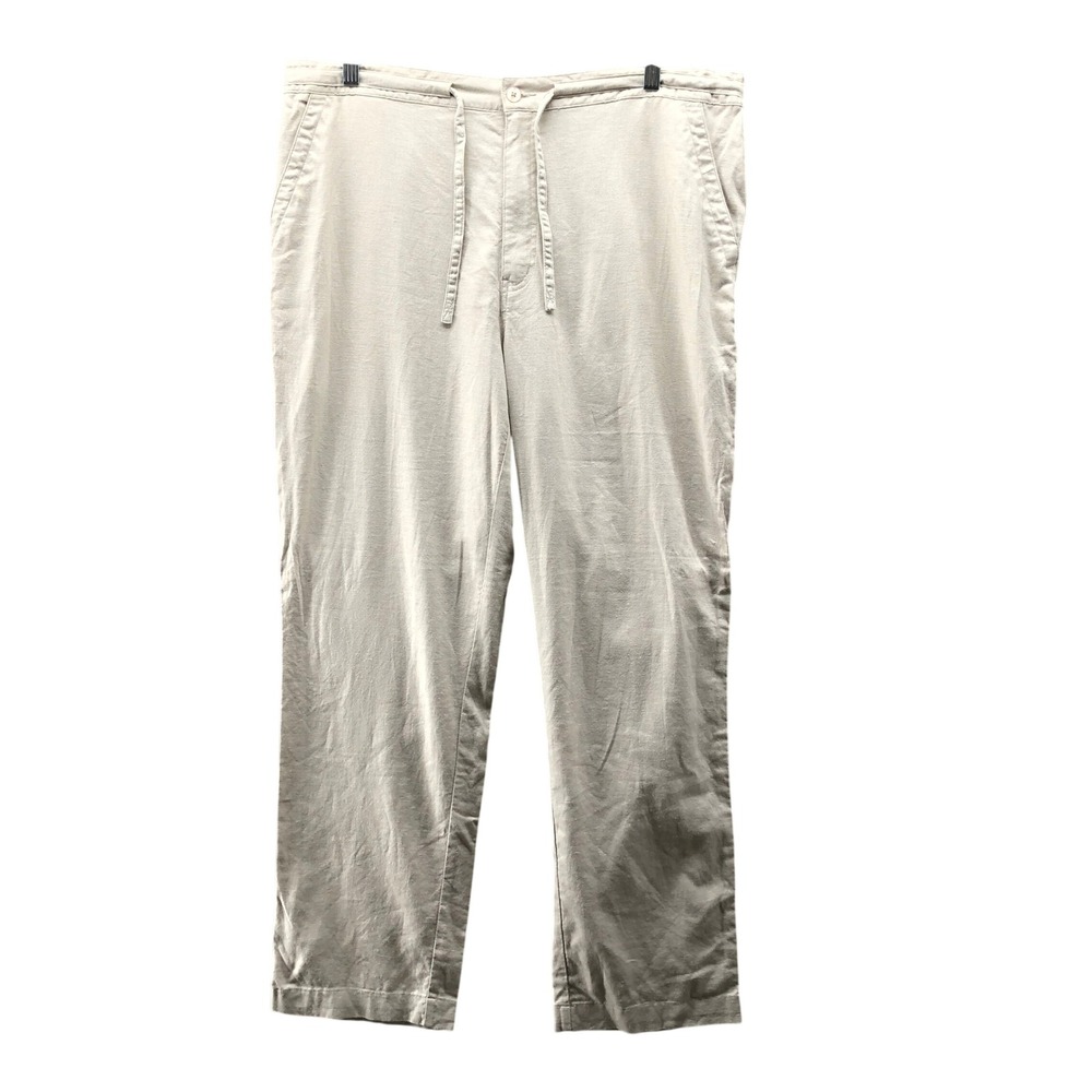 Havanera Cotton Linen Pants Mens XL (38x31) Beige Straight Leg Drawstring Resort